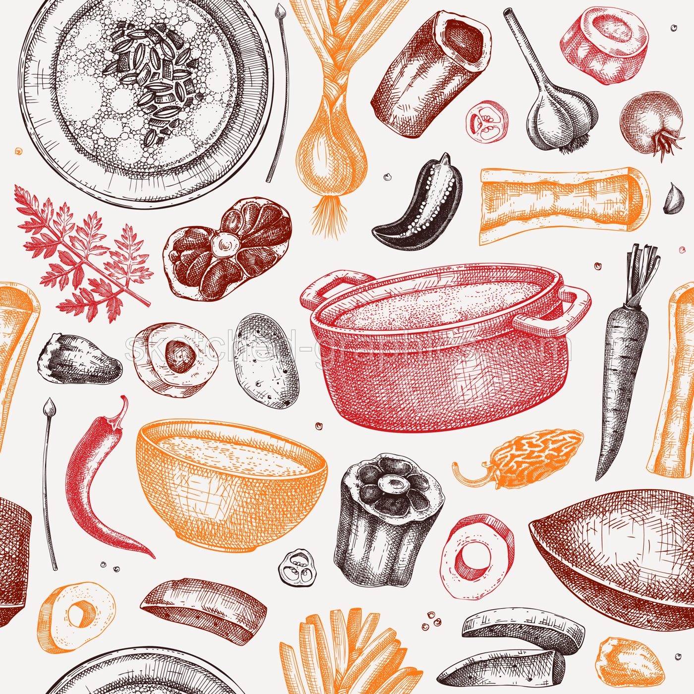 Healthy food background. Marrow bone broth, hot soup served on plates, pans, bowls, vegetables, organ meat, marrow bones sketches. Hand drawn vector illustrations. Homemade food seamless pattern Illustration